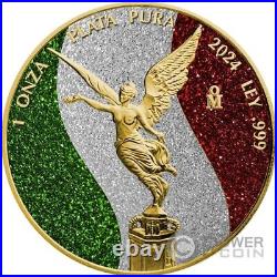 MEXICAN FLAG Diamond Dust Gilded Libertad 1 Oz Silver Coin Mexico 2024