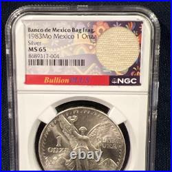 Mexico 1983 Mo, 1 Onza Silver. NGC Certified MS 65 / 1 Troy Oz. 999 With Bag Frag