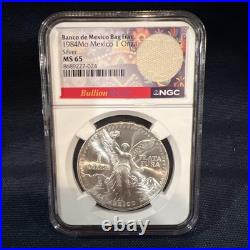 Mexico 1984 Mo, 1 Onza Silver. NGC Certified MS 65 / 1 Troy Oz. 999 With Bag Frag