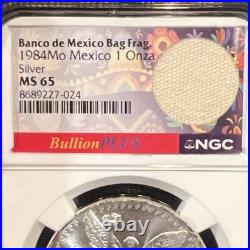 Mexico 1984 Mo, 1 Onza Silver. NGC Certified MS 65 / 1 Troy Oz. 999 With Bag Frag
