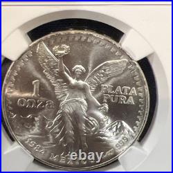Mexico 1984 Mo, 1 Onza Silver. NGC Certified MS 65 / 1 Troy Oz. 999 With Bag Frag