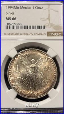 Mexico 1994 1 Onza Silver Coin NGC MS 66 Bank Roll End Key Date One Side Toner