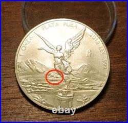 Onza Libertad Mexico 2012 plata. 999 con error de remarcacion en anv y reverso