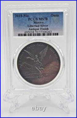 PCGS MS70 2018-Mo Mexican. 999 Silver 1 Oz Libertad Onza Antique Finish Key Date