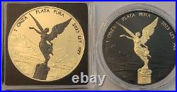 Set Of Two 2023 1oz SILVER Mexico Libertad Coins Black Platinum & 24kt Gold Gilt